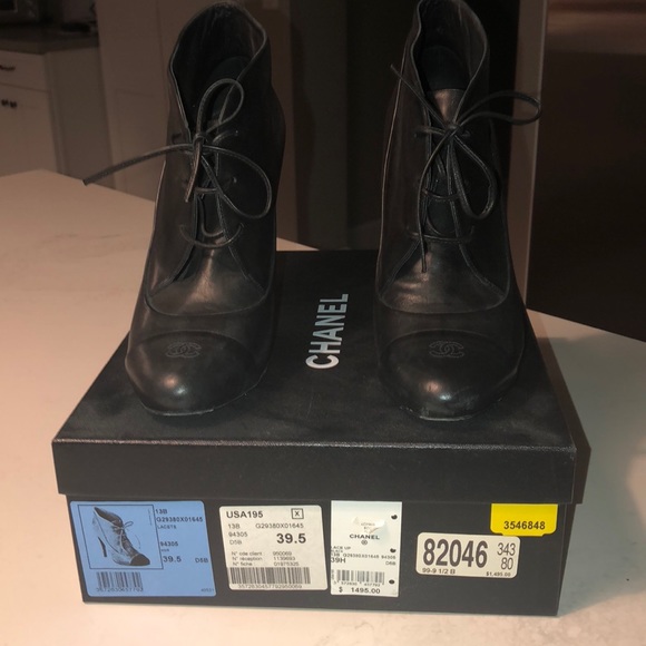 CHANEL Shoes - 39.5 Chanel black lace up ankle boots.